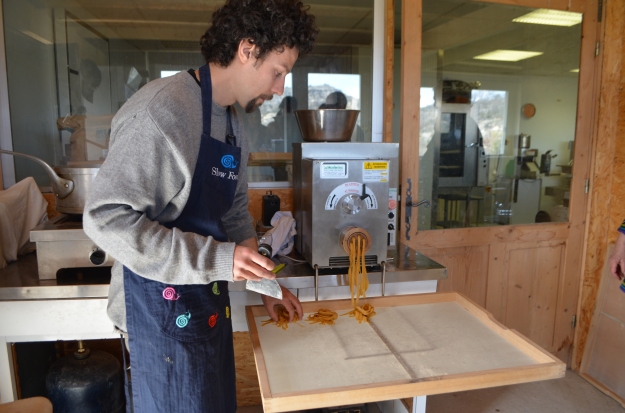 Antoine Baurain of Saveurs des Truques making pasta from the freshly group einkorn wheat